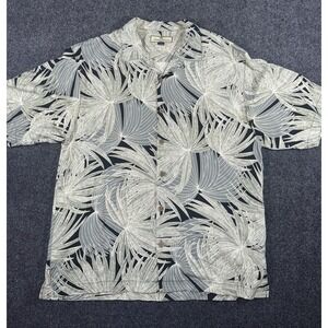 Tommy Bahama 100% Silk Hawaiian Shirt Palm Leaf Print Black Gray Size L